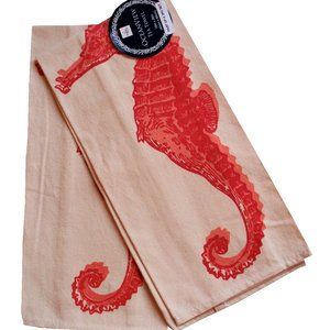 Kitchen Dish Tea Towel 2 Pc. Set Orange Seahorse on Beige Background Flour Sack